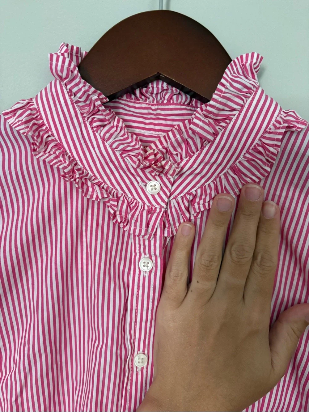 J.Crew Pink White Striped Ruffle Neck Button Down Blouse 100% Cotton M